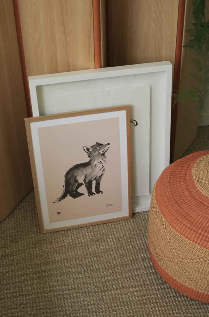 Old rose fox cub wall decor on a wooden frame
