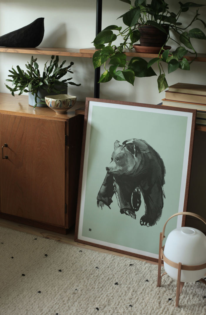 Spring green Gentle Bear wall decor on a wooden frame