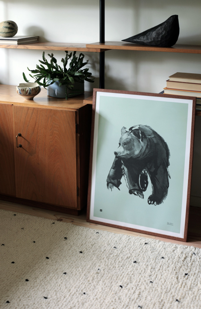 Mint green gentle bear poster in wooden frame