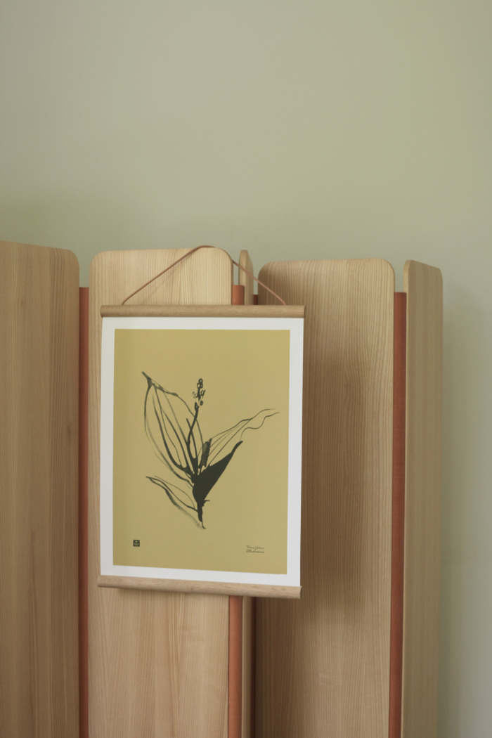Sand & black colored Lily of the valley art print with wooden frame