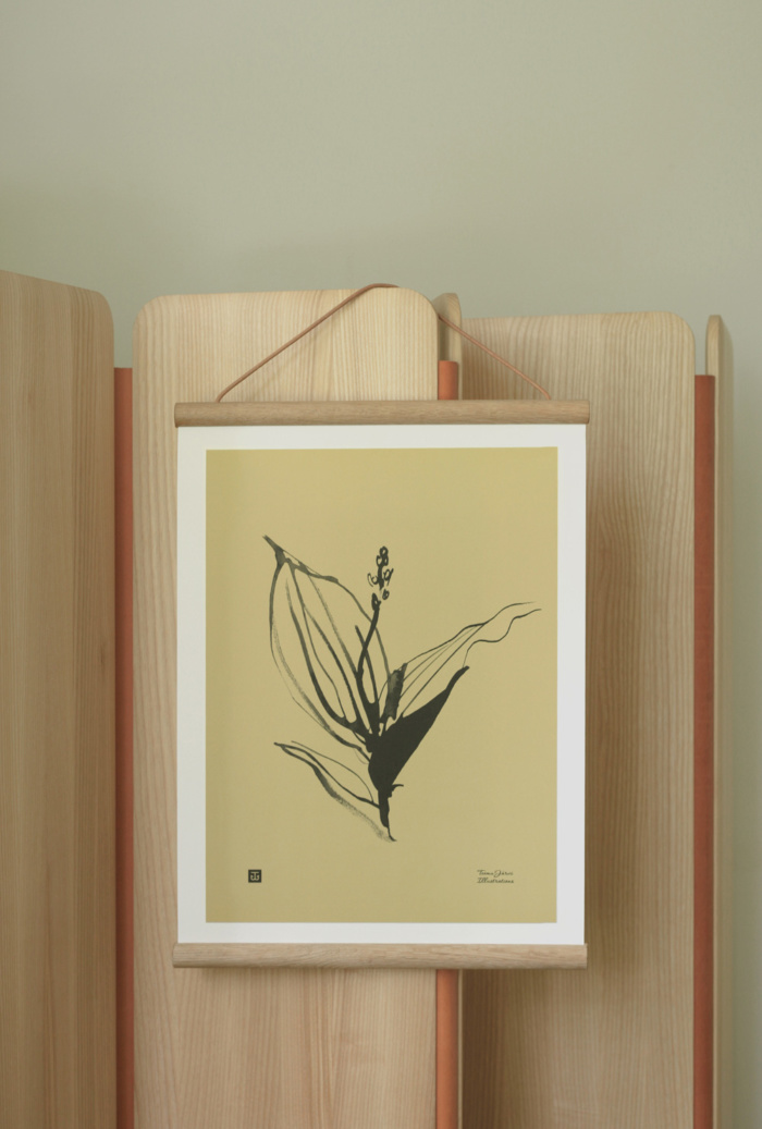 Sand colored Lily of the valley wall art with wooden frame